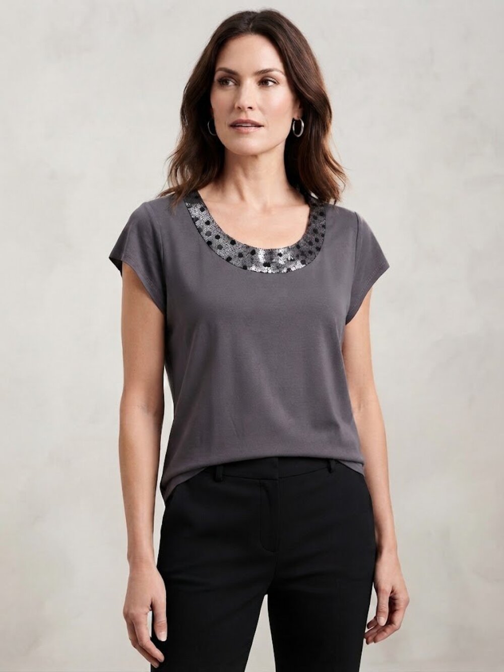 Chico's Short Sleeve Sequin Neckline Tee in Dark Gray